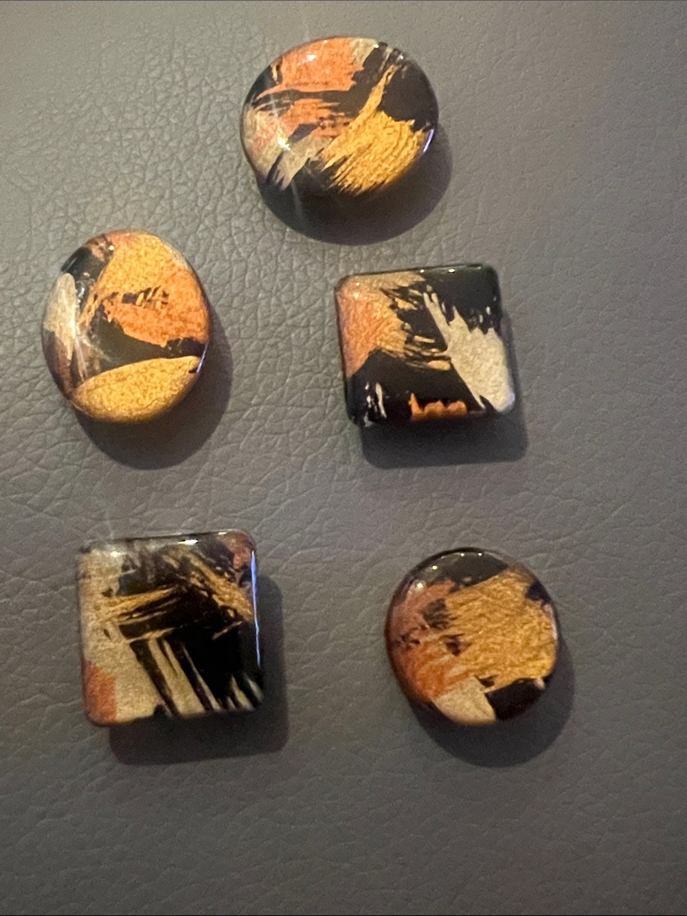 Vintage Abstract Enamel Button Covers – Set of 5 (Artisan/MCM) Bronze Gold